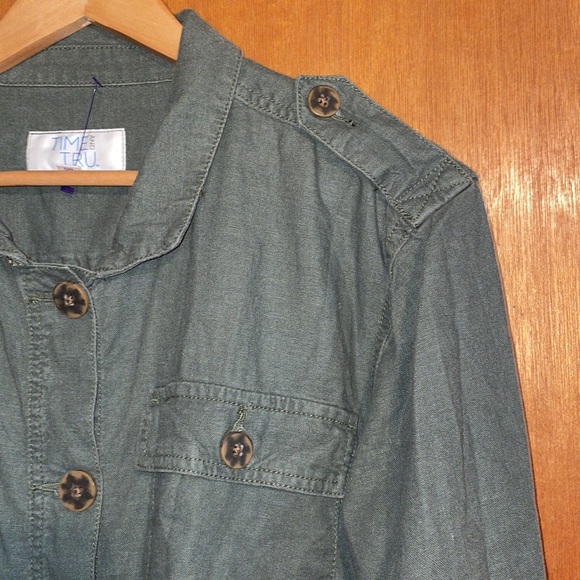 •TIME AND TRU•ARMY GREEN VISCOSE-LINEN BLEND BUTTON LIGHTWEIGHT SHACKET SIZE S - Picture 6 of 7